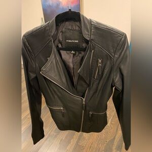 Maurices Faux black leather moto jacket with soft cloth sleeves on back size S